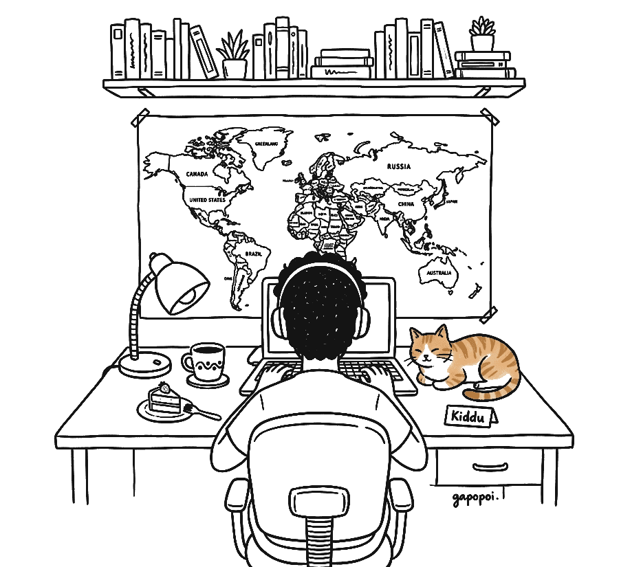 Illustration of Vikas coding at desk with headphones, Kiddu the cat, coffee mug, cake slice, lamp, map, and bookshelf